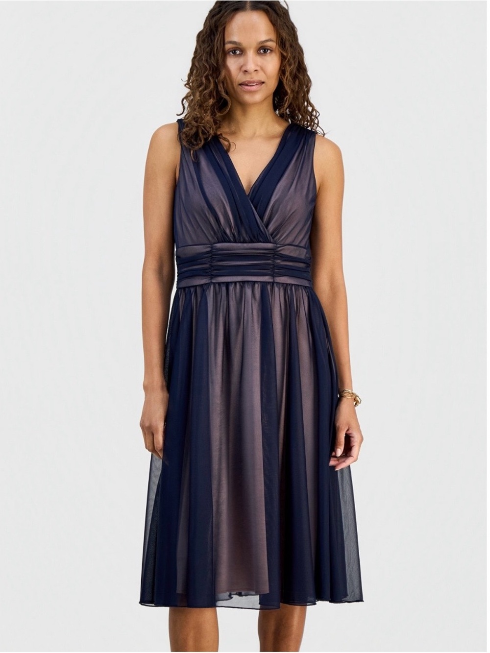 Navy Sleeveless V-Neck Midi Dress with Ruched Waist